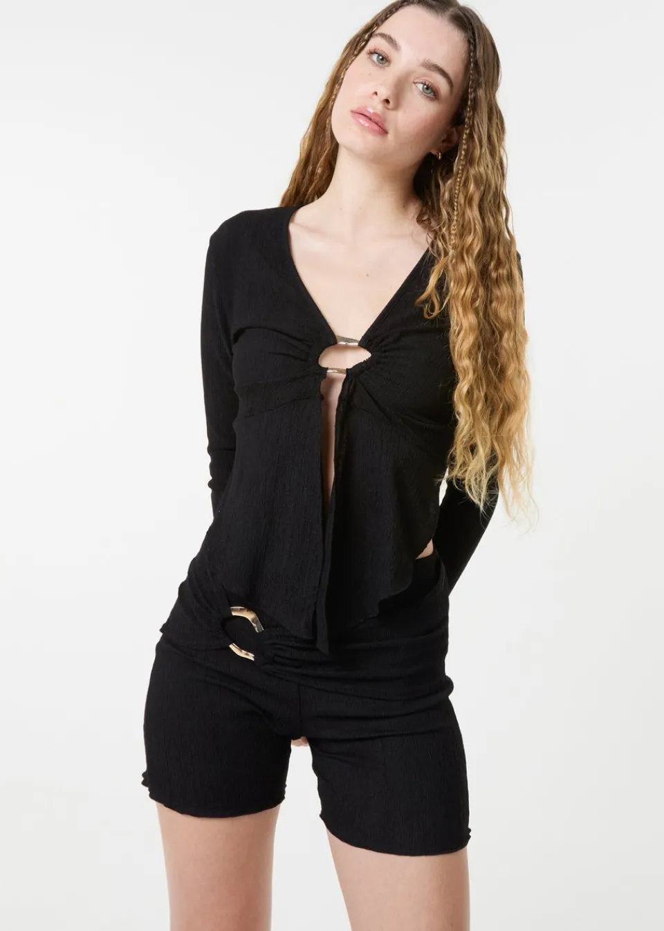 Tops>Pink Vanilla Black Textured Gold Ring Top