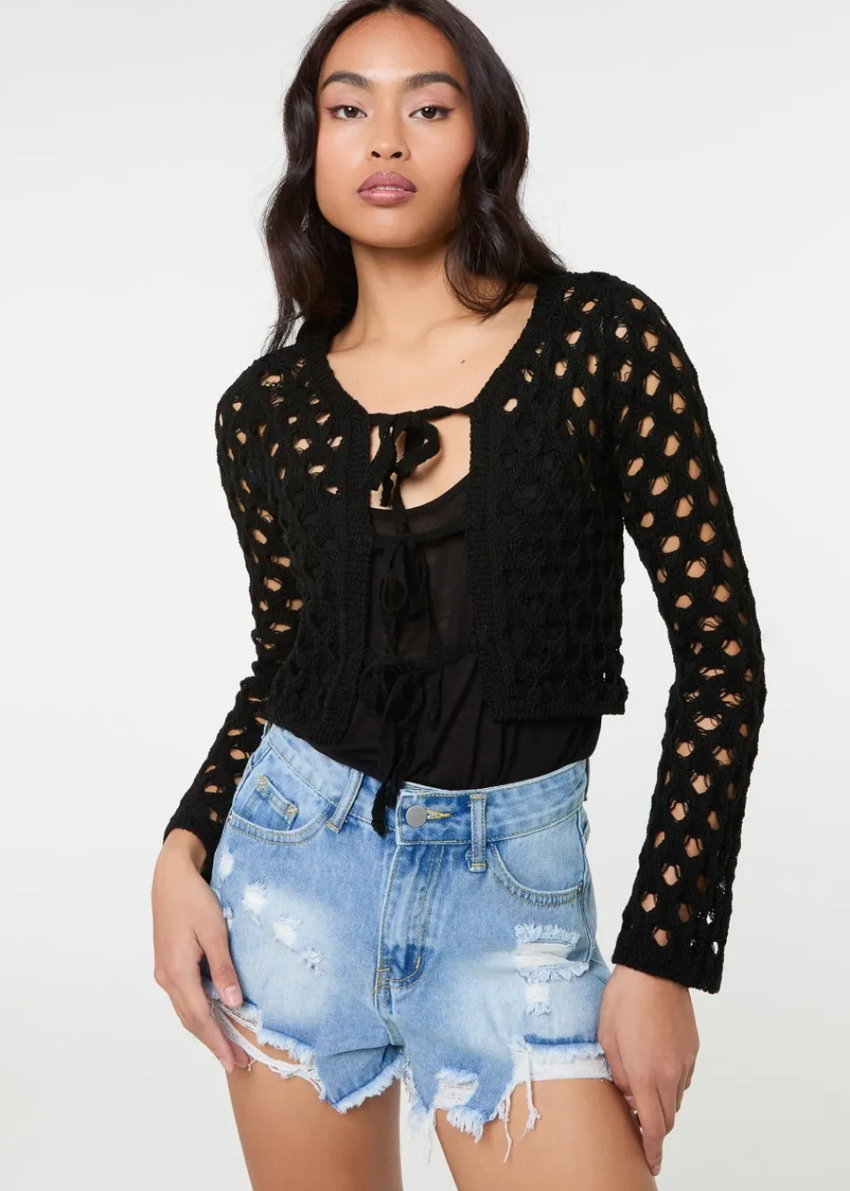 Tops>Pink Vanilla Black Tie Front Cardigan
