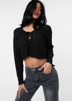 Tops>Pink Vanilla Black Tie Front Cutwork Cardigan
