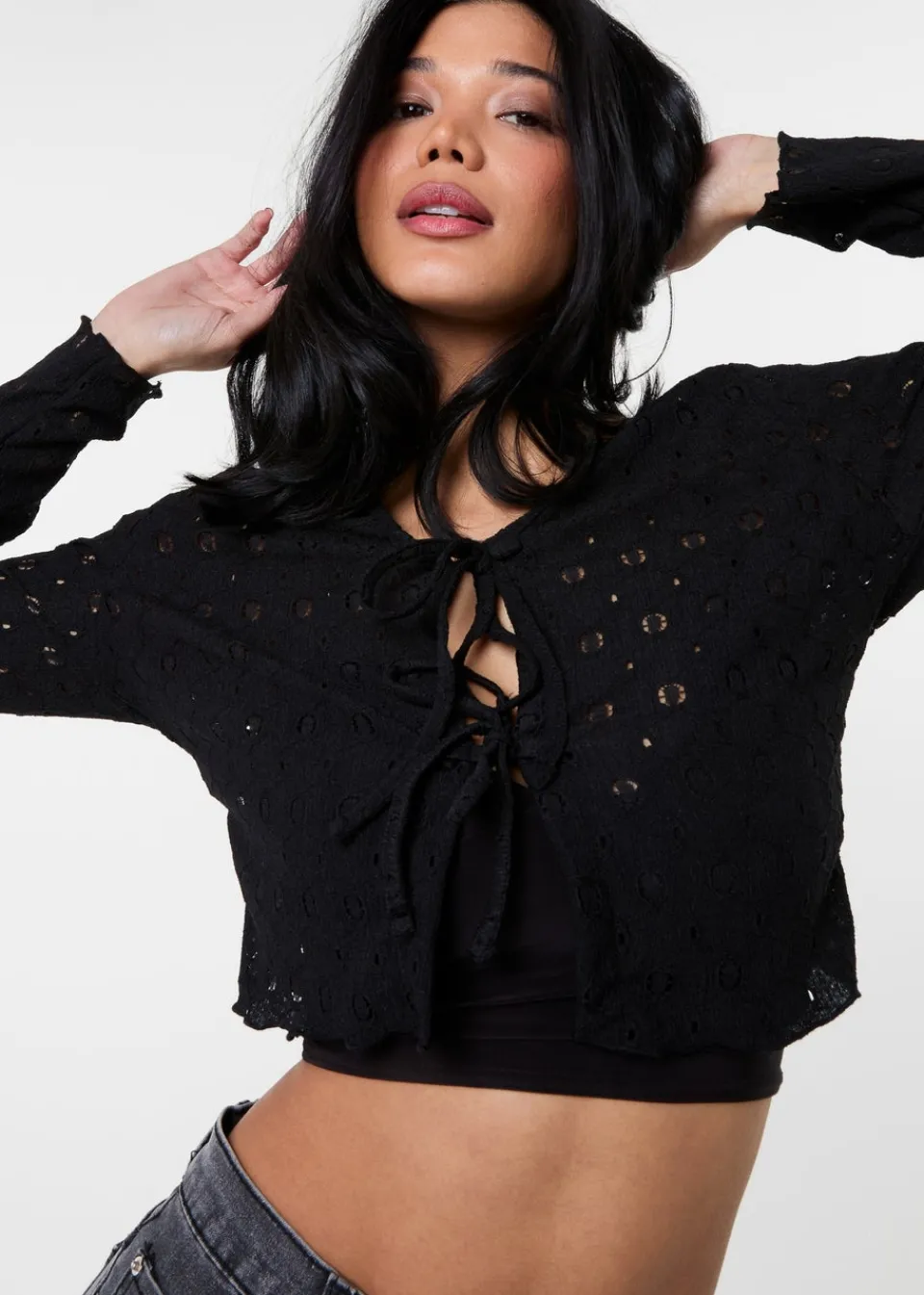 Tops>Pink Vanilla Black Tie Front Cutwork Cardigan
