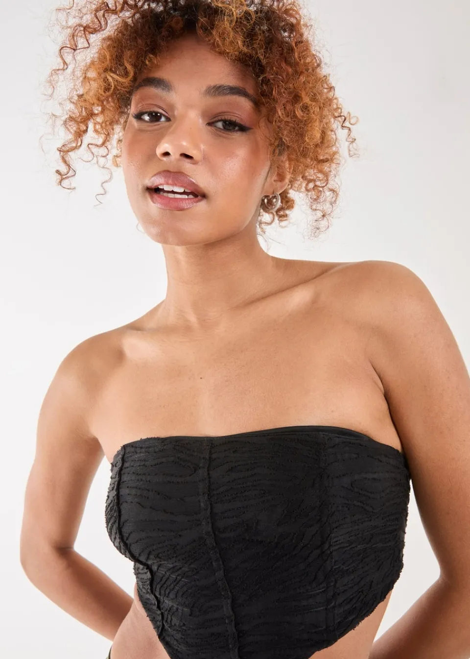 Tops>Pink Vanilla Black Tiger Print Textured Corset Top