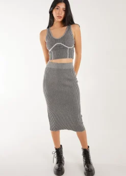 Skirts>Pink Vanilla Black Two Tone Rib Midi Skirt