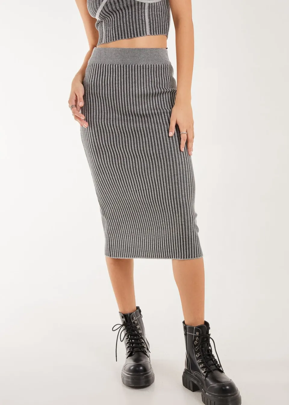 Skirts>Pink Vanilla Black Two Tone Rib Midi Skirt