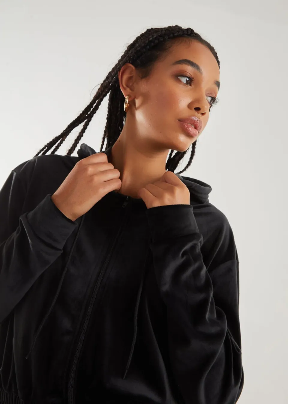 Tops>Pink Vanilla Velour Zip Hoodie Black