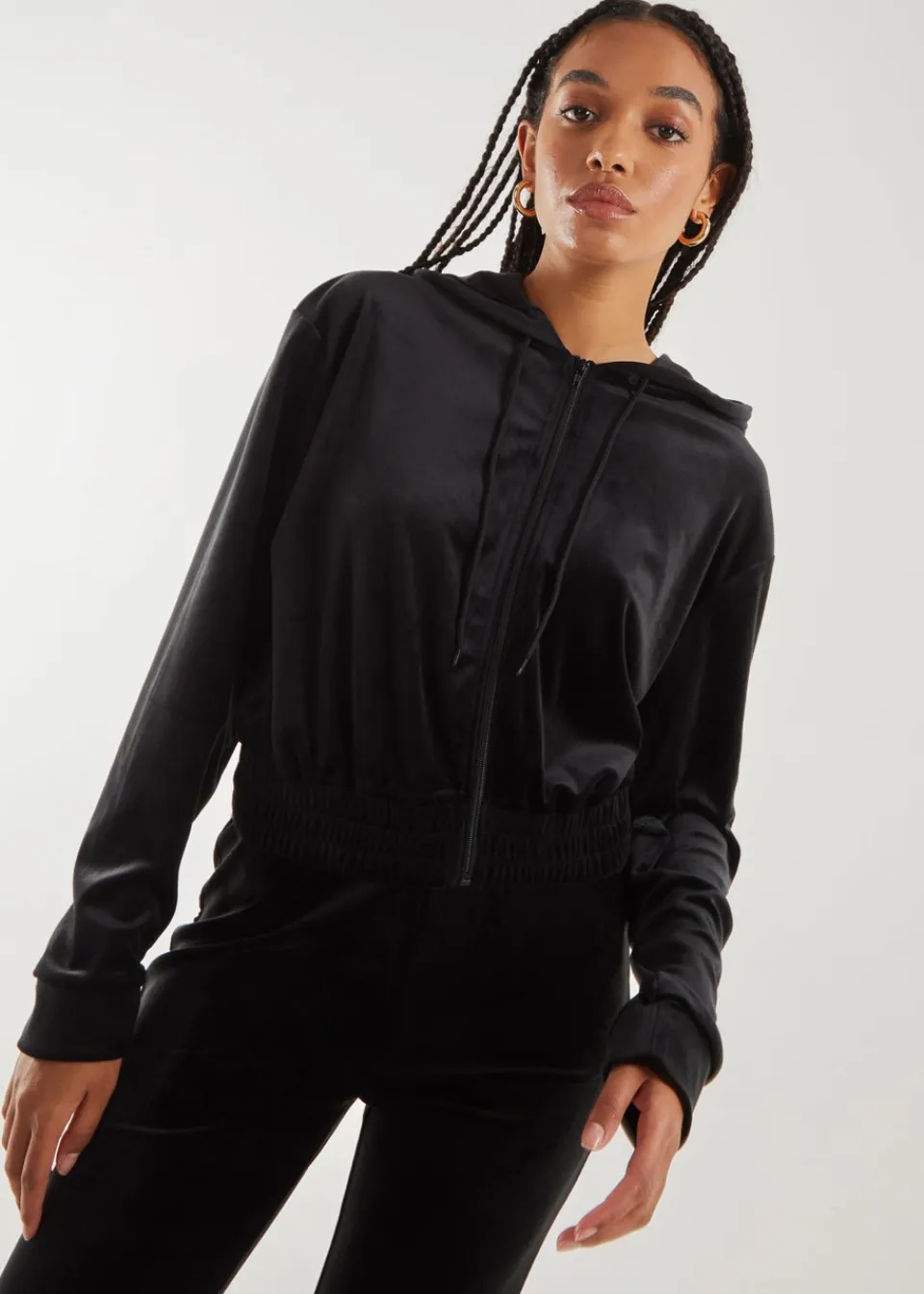 Tops>Pink Vanilla Velour Zip Hoodie Black