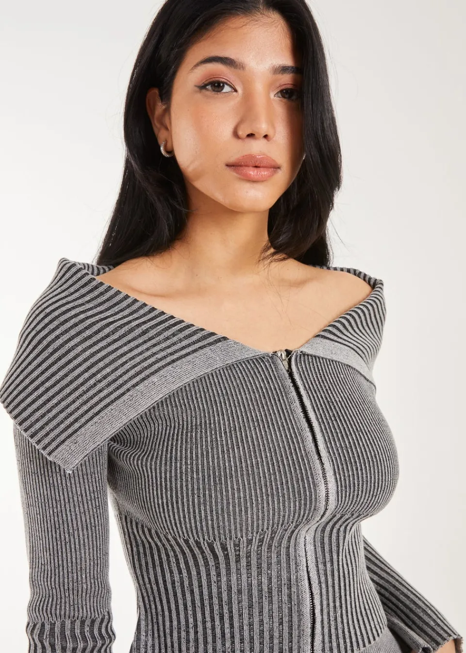 Tops>Pink Vanilla Black Washed Rib Fold-Over Cardigan