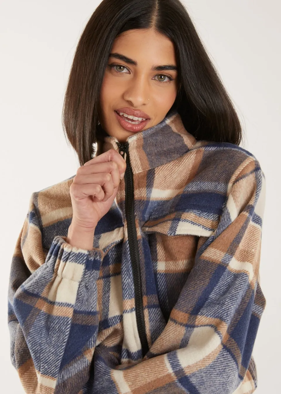 Coats & Jackets>Pink Vanilla Blue Cropped Tartan Style Fleece Jacket