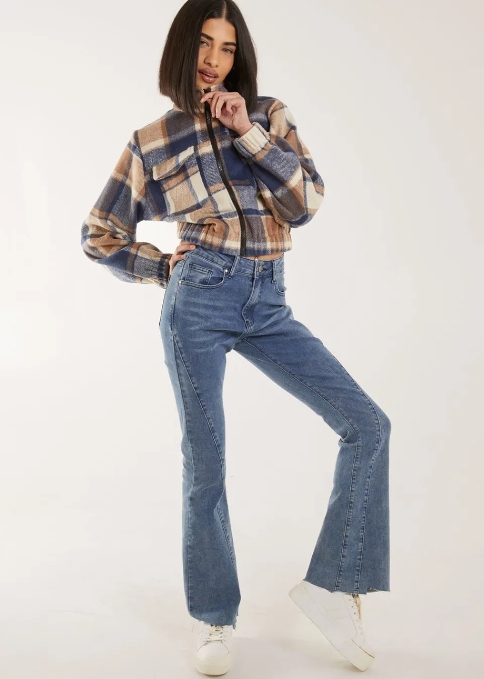 Coats & Jackets>Pink Vanilla Blue Cropped Tartan Style Fleece Jacket