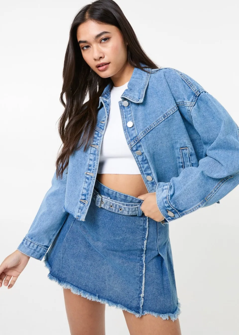 Coats & Jackets>Pink Vanilla Blue Cropped Denim Jacket