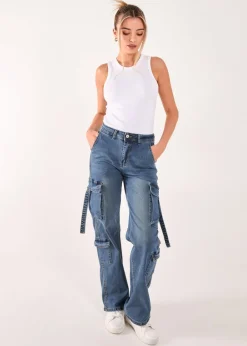 Jeans & Jeggings>Pink Vanilla Blue Denim Cargo Jeans