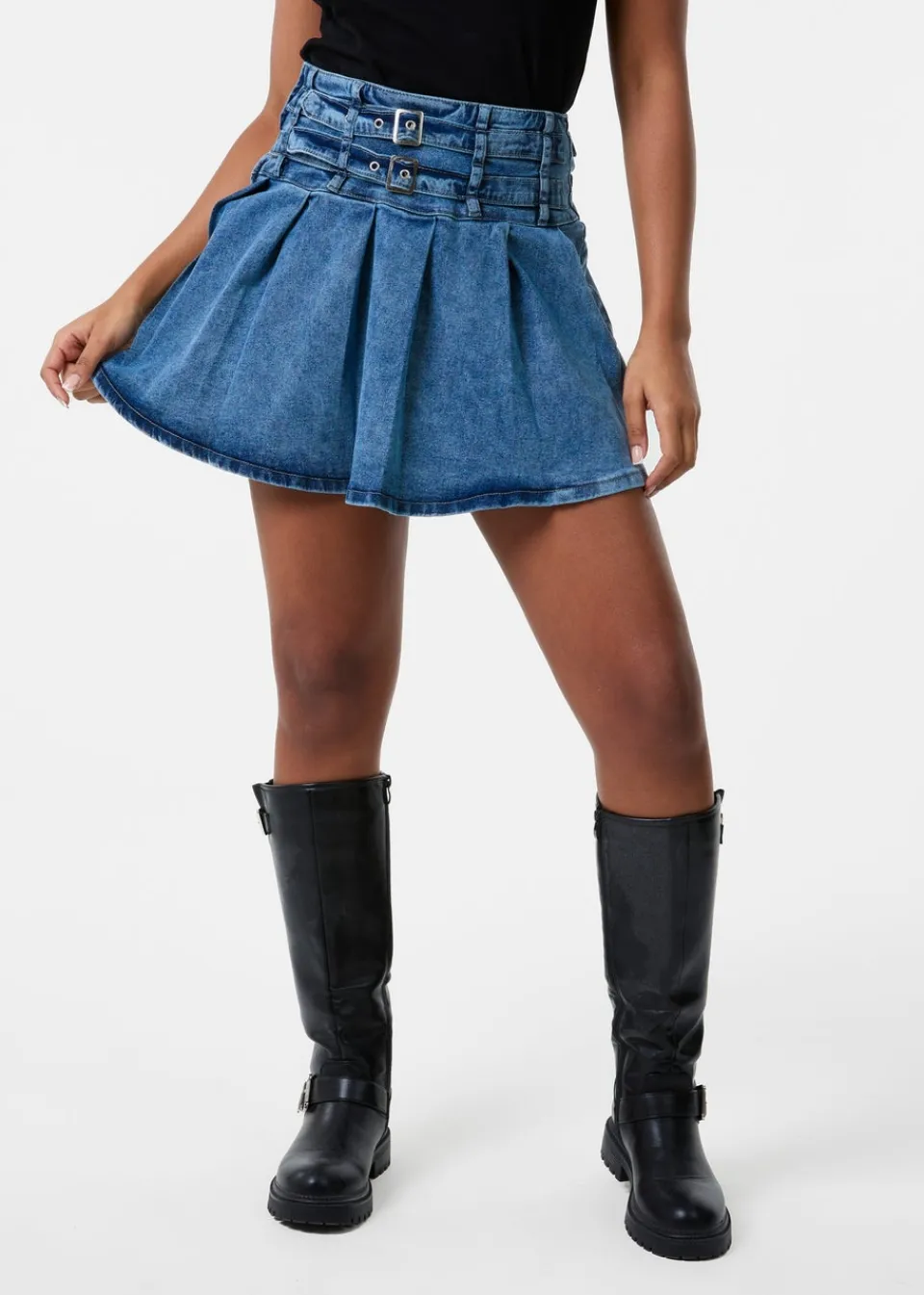 Skirts>Pink Vanilla Blue Denim Double Belt Pleat Mini Skirt