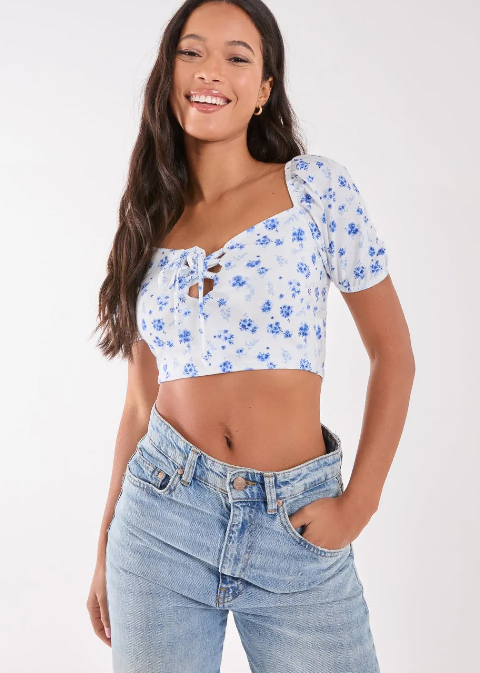 Tops>Pink Vanilla Blue Floral Puff Sleeve Crop Top