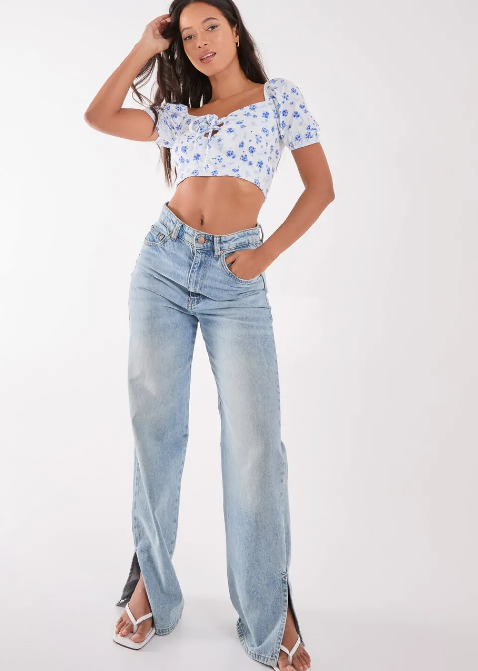 Tops>Pink Vanilla Blue Floral Puff Sleeve Crop Top