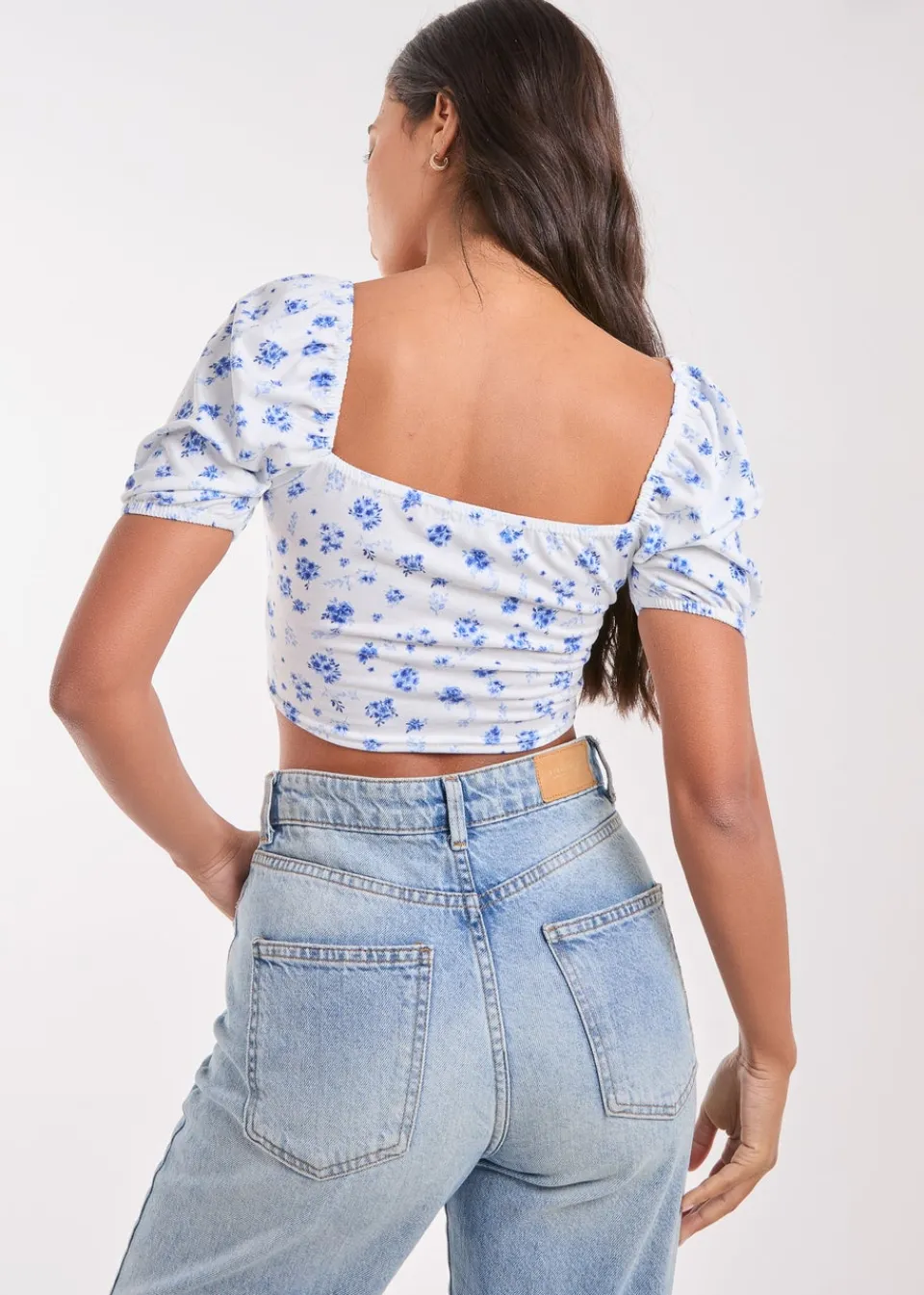 Tops>Pink Vanilla Blue Floral Puff Sleeve Crop Top