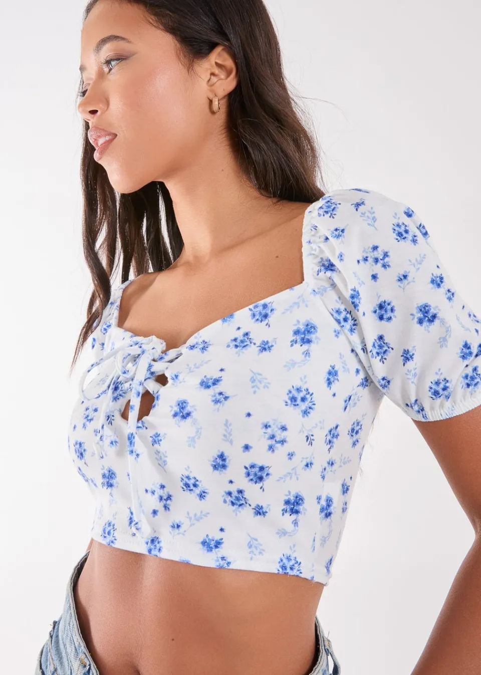 Tops>Pink Vanilla Blue Floral Puff Sleeve Crop Top