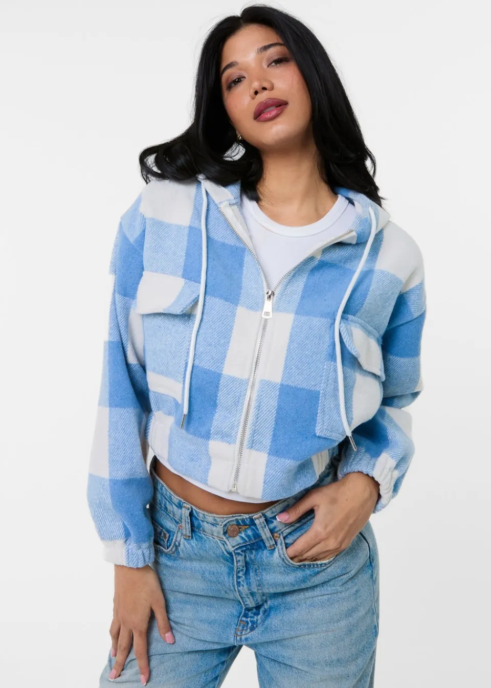 Coats & Jackets>Pink Vanilla Blue Hooded Drawstring Fleece Jacket