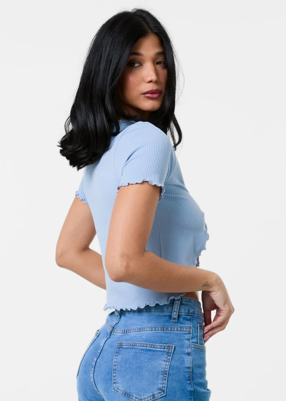 Tops>Pink Vanilla Blue Lettuce Hem Tie Front Top