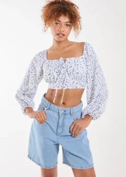 Tops>Pink Vanilla Blue Long Sleeve Cropped Milkmaid Top