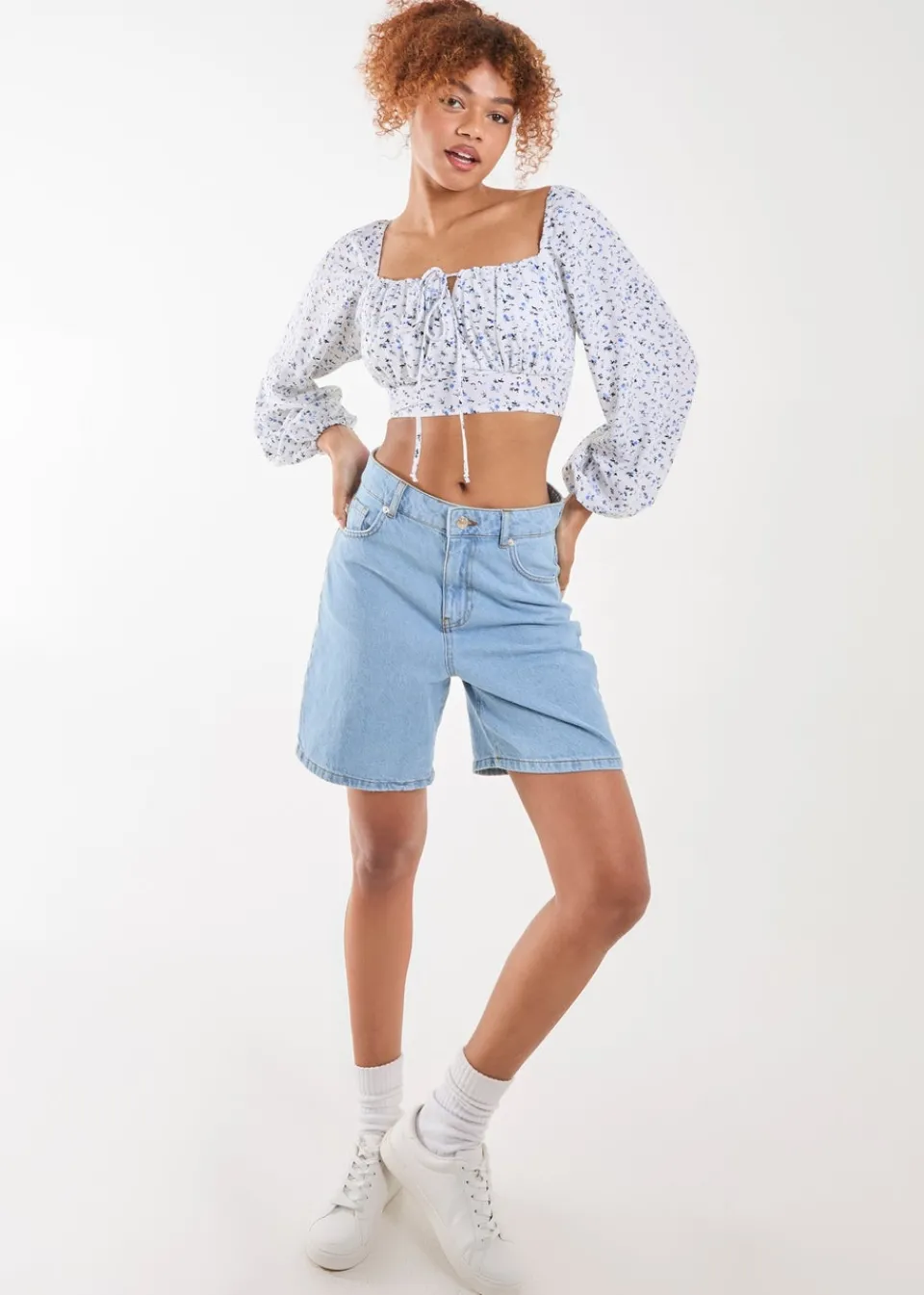 Tops>Pink Vanilla Blue Long Sleeve Cropped Milkmaid Top