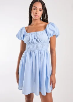 Shorts>Pink Vanilla Blue Puff Sleeve Mini Dress with Shorts