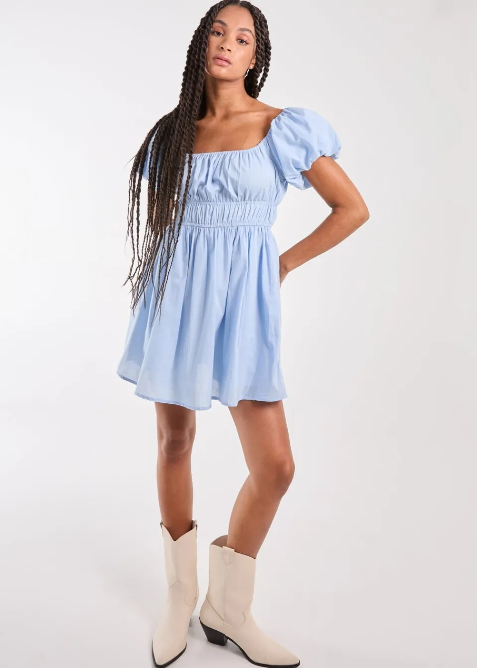 Shorts>Pink Vanilla Blue Puff Sleeve Mini Dress with Shorts