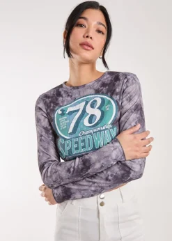 Tops>Pink Vanilla Racer Washed Printed Long Sleeve Top Blue