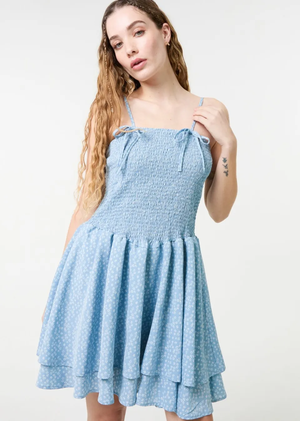 Dresses>Pink Vanilla Blue Shirred Ruffle Mini Dress