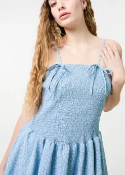 Dresses>Pink Vanilla Blue Shirred Ruffle Mini Dress