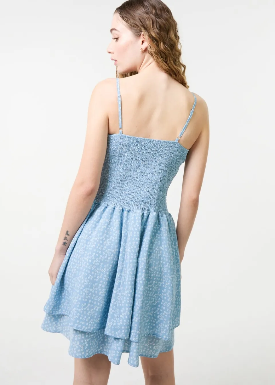 Dresses>Pink Vanilla Blue Shirred Ruffle Mini Dress