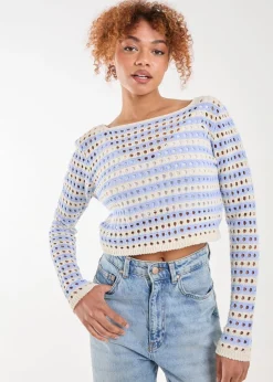 Tops>Pink Vanilla Blue Striped Crochet Jumper