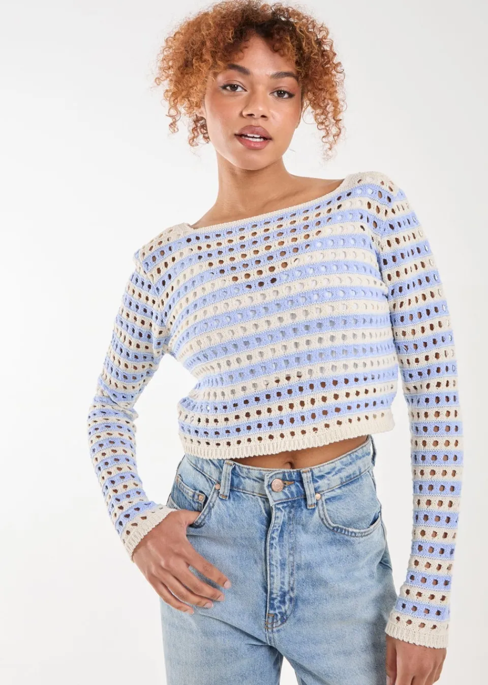 Tops>Pink Vanilla Blue Striped Crochet Jumper