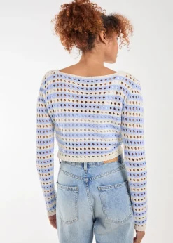 Tops>Pink Vanilla Blue Striped Crochet Jumper