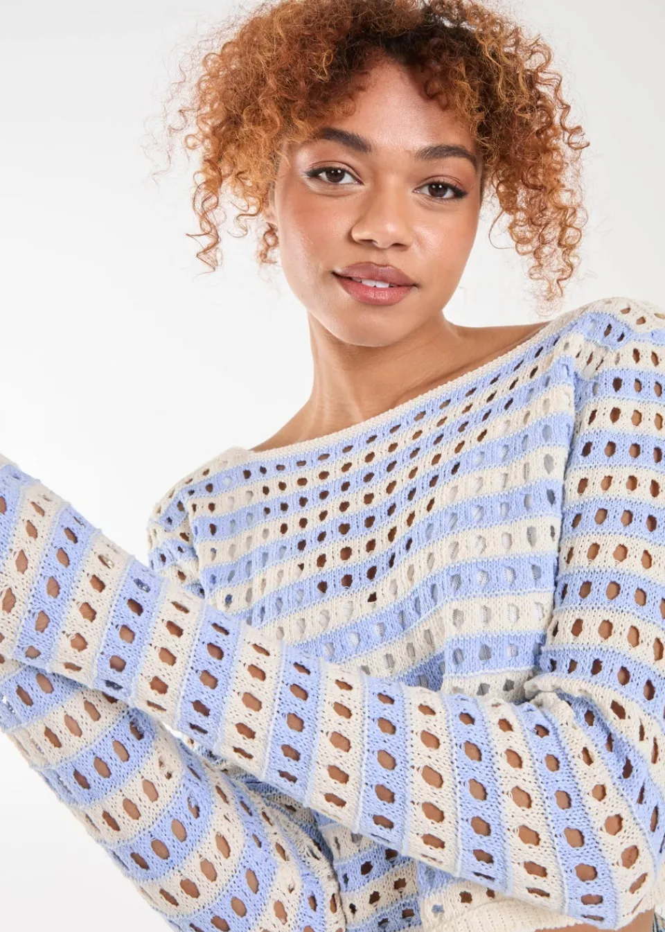 Tops>Pink Vanilla Blue Striped Crochet Jumper