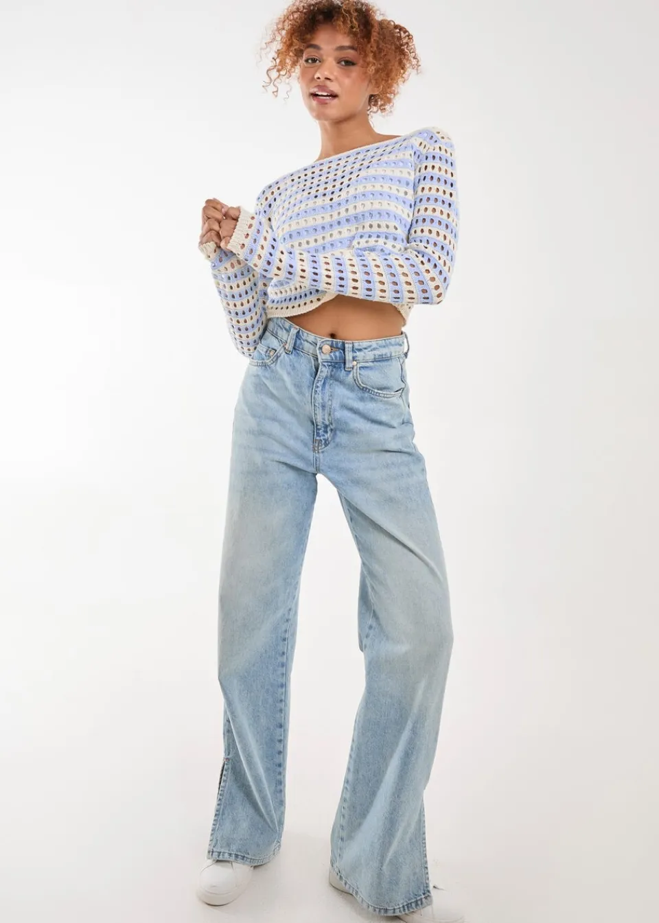 Tops>Pink Vanilla Blue Striped Crochet Jumper