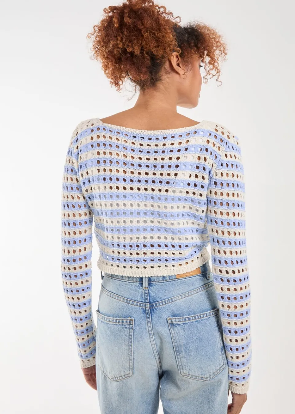 Tops>Pink Vanilla Blue Striped Crochet Jumper