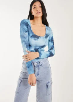 Tops>Pink Vanilla Blue Tie Dye Printed Bodysuit