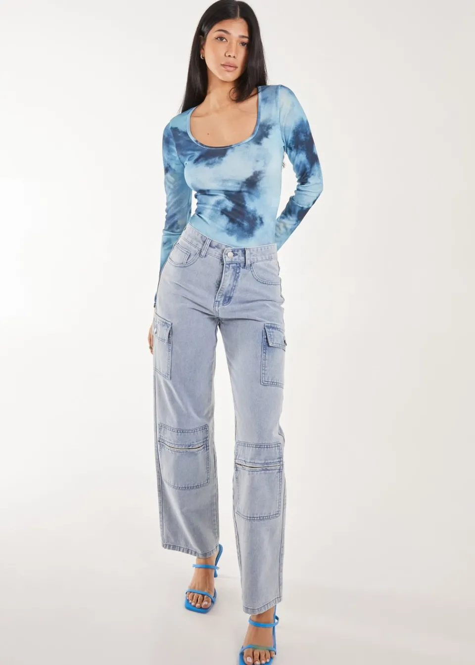 Tops>Pink Vanilla Blue Tie Dye Printed Bodysuit