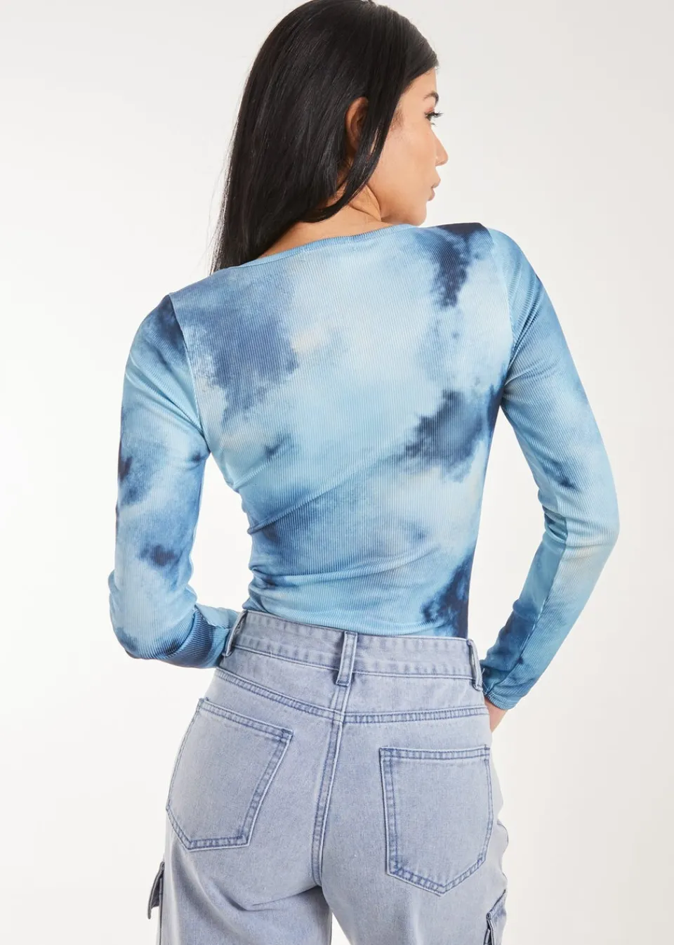 Tops>Pink Vanilla Blue Tie Dye Printed Bodysuit