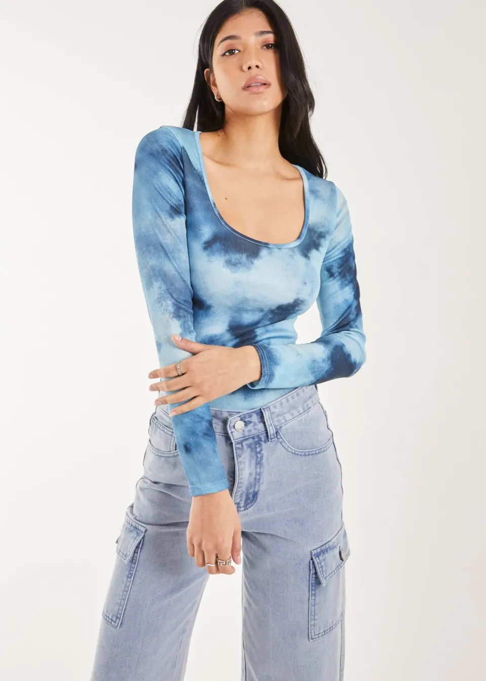 Tops>Pink Vanilla Blue Tie Dye Printed Bodysuit