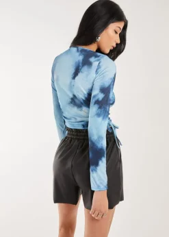 Tops>Pink Vanilla Blue Tie Dye Print Long Sleeve Rib Top