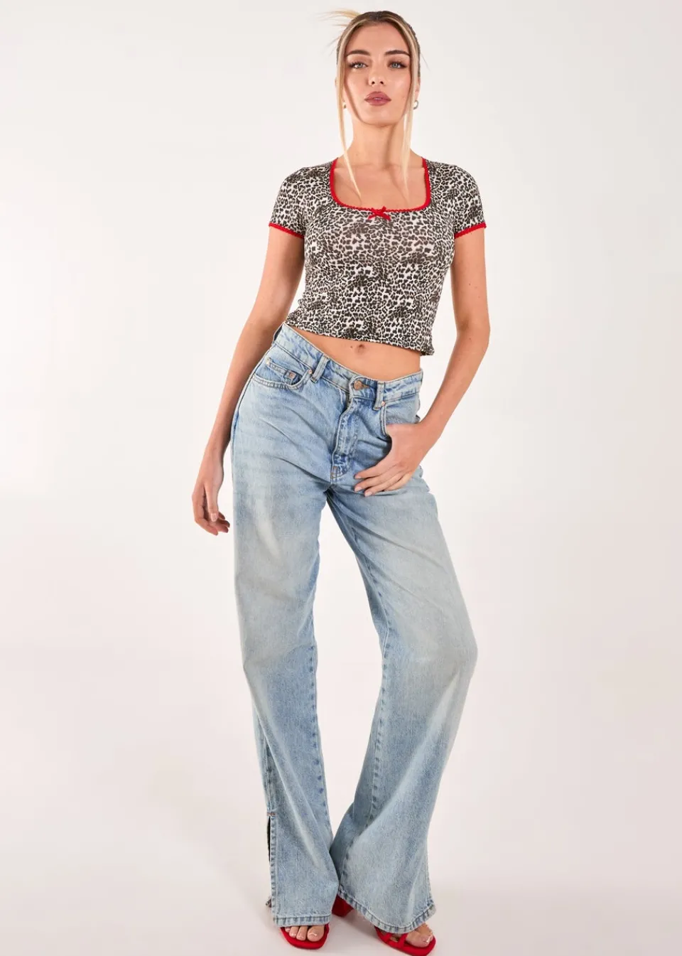 T-Shirts>Pink Vanilla Brown Cap Sleeve Leopard Print Top