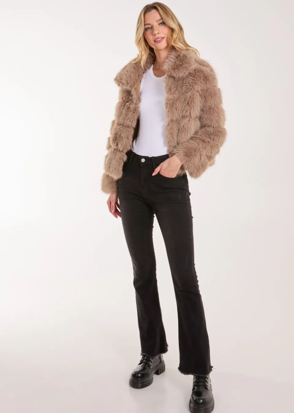 Coats & Jackets>Pink Vanilla Brown Cropped Fur Pelted Jacket