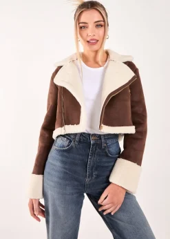 Coats & Jackets>Pink Vanilla Brown Faux Shearling Collar Cropped Jacket