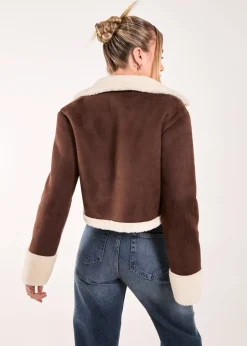 Coats & Jackets>Pink Vanilla Brown Faux Shearling Collar Cropped Jacket