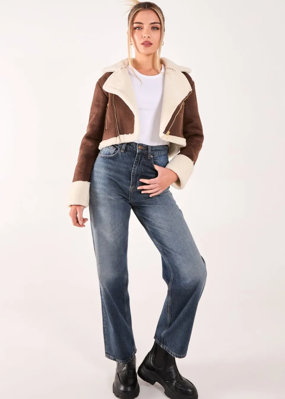 Coats & Jackets>Pink Vanilla Brown Faux Shearling Collar Cropped Jacket