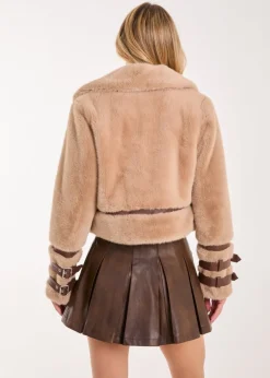 Coats & Jackets>Pink Vanilla Brown Fur PU Buckle Detail Coat