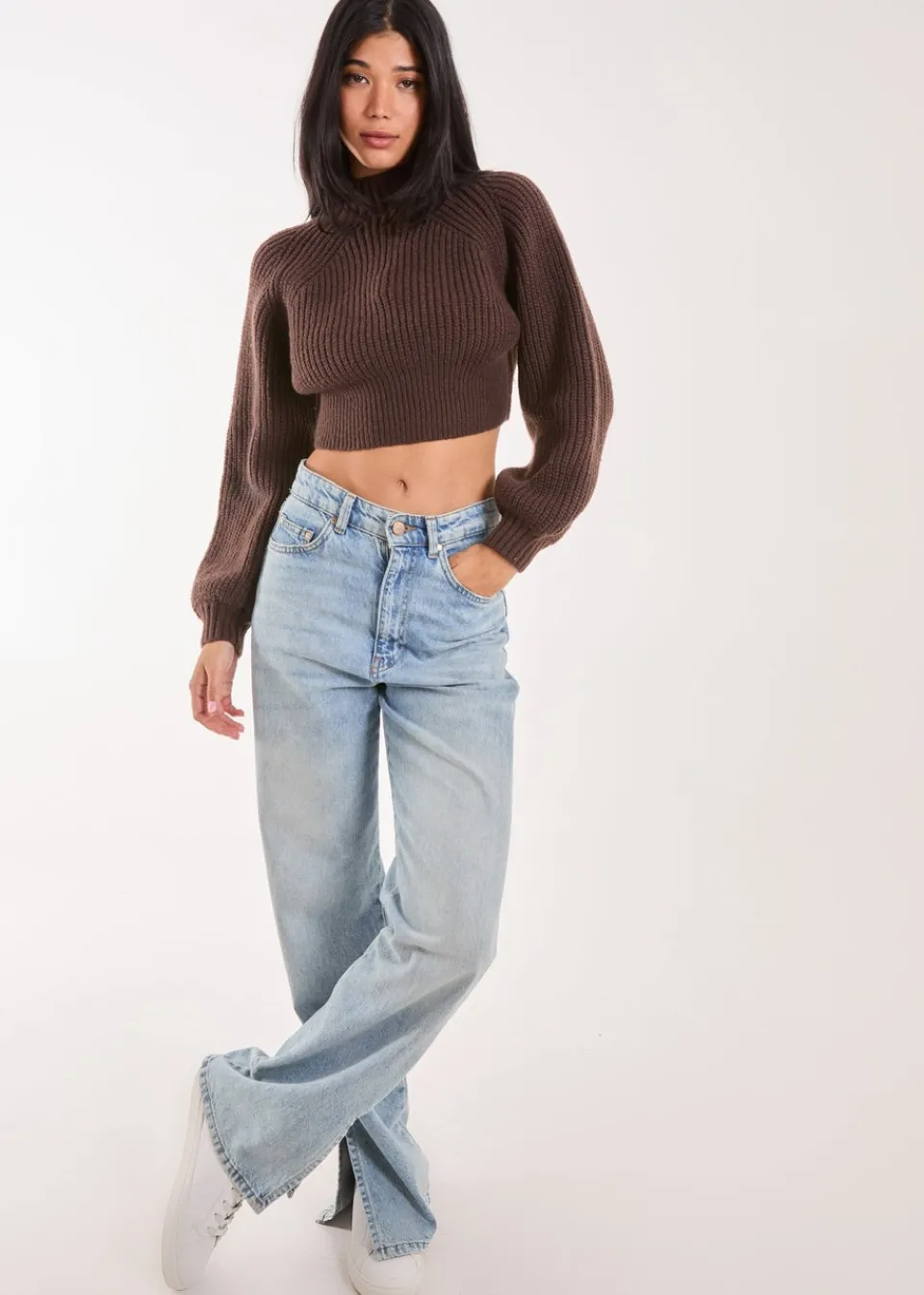 Knitwear>Pink Vanilla Brown High Neck Knitted Jumper