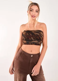 Tops>Pink Vanilla Brown Mesh Animal Print Bandeau Top