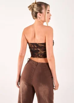 Tops>Pink Vanilla Brown Mesh Animal Print Bandeau Top