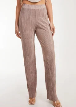 Trousers>Pink Vanilla Plisse Flared Trousers Brown